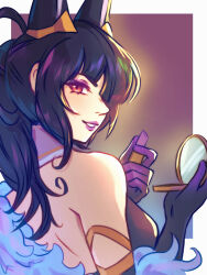 Rule 34 | 1girl, animal ears, bare shoulders, black gloves, black hair, cassandra (dragalia lost), cosmetics, dragalia lost, elbow gloves, gloves, hand mirror, holding, holding lipstick tube, holding mirror, lipstick, lipstick tube, long hair, looking at viewer, makeup, mirror, parted lips, rabbit ears, red eyes, smile, solo, upper body, vaccariia