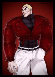 Rule 34 | 1boy, abs, blonde hair, denim, grappler baki, highres, jack hanma, jeans, looking to the side, male focus, muscular, muscular arms, muscular male, pants, pectorals, red eyes, scar, short hair, solo, tight clothes, very short hair