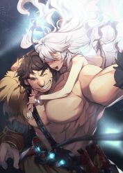 Rule 34 | 1boy, 1girl, artemis (fate), bare pectorals, bare shoulders, belt, blush, breasts, brown hair, closed eyes, dress, fate/grand order, fate (series), gloves, highres, jewelry, large breasts, large pectorals, long hair, muscular, no-kan, open mouth, orion (bear) (fate), pectorals, smile, super orion (fate), thick eyebrows, topless male, white hair