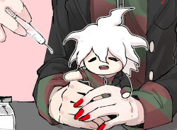 Rule 34 | 2boys, :d, = =, animal collar, black jacket, chain, chain leash, chibi, closed eyes, collar, commentary, danganronpa (series), danganronpa another episode: ultra despair girls, dual persona, english commentary, fingernails, green shirt, hair between eyes, holding, holding syringe, jacket, komaeda nagito, lapels, leash, male focus, messy hair, mini person, miniboy, multiple boys, no fingers, no nose, open mouth, outline, red nails, red shirt, servant (danganronpa), seumol sx, shirt, sleeves rolled up, smile, striped clothes, striped shirt, syringe, teeth, two-tone shirt, upper teeth only, white hair, white outline