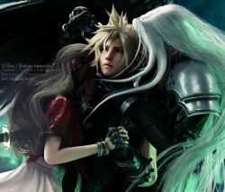 Rule 34 | 1girl, 2boys, aerith gainsborough, armor, black jacket, blonde hair, blue eyes, bracelet, brown hair, cloud strife, cropped jacket, dress, final fantasy, final fantasy vii, final fantasy vii remake, gloves, hair between eyes, hair down, hand on another&#039;s neck, highres, holding hands, jacket, jewelry, lifestream, long hair, masamune (ff7), multiple boys, pink dress, red jacket, ria-neearts, sephiroth, shoulder armor, silver hair, spiked hair, square enix, upper body, watery eyes