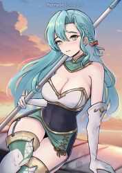 Rule 34 | 1girl, absurdres, armpit crease, bare shoulders, blue hair, braid, breasts, chascoby, chloe (fire emblem), commentary request, covered navel, elbow gloves, fire emblem, fire emblem engage, gloves, green eyes, hair between eyes, highres, holding, holding polearm, holding weapon, horizon, large breasts, long hair, nintendo, patreon username, polearm, side braid, sitting, solo, strapless, thighhighs, weapon, white gloves