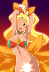 Rule 34 | 10s, 1girl, ;d, alternate form, arms up, backlighting, blonde hair, blush, breasts, brooch, censored, cleavage, contrapposto, convenient censoring, cure honey, cure honey (coconut samba), eyelashes, gradient background, hair ornament, happinesscharge precure!, happy, heart, heart brooch, jabara tornado, jewelry, large breasts, long hair, looking at viewer, magical girl, navel, nude, one eye closed, oomori yuuko, open mouth, orange background, ponytail, precure, purple background, red background, smile, solo, standing, sunlight, undressing, wink, yellow eyes
