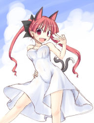 Rule 34 | 1girl, :d, alternate costume, animal ears, bouncing breasts, bow, breasts, cat ears, cat tail, cloud, covered navel, dress, fangs, from below, hair bow, hand on own hip, ichidai taisa, kaenbyou rin, long hair, multiple tails, nekomata, open mouth, red eyes, red hair, see-through, sky, smile, solo, strap, tail, touhou, two tails, white dress
