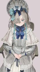 Rule 34 | 1girl, absurdres, basaru 1106, blue bow, blue bowtie, blue eyes, blue hair, bonnet, bow, bowtie, breasts, capelet, chair, chin strap, classic lolita, closed mouth, commentary, corset, cowboy shot, dress, expressionless, feet out of frame, frilled capelet, frilled dress, frilled headwear, frills, gothic lolita, grey background, hair bow, hair over one eye, half-closed eyes, hands on lap, highres, hime lolita, isekai joucho, kamitsubaki studio, lace, lace-trimmed dress, lace trim, layered dress, lolita fashion, long bangs, long hair, long sleeves, looking at viewer, multicolored hair, multiple hair bows, muted color, own hands together, puffy long sleeves, puffy sleeves, sidelocks, simple background, sitting, sleeve cuffs, small breasts, solo, streaked hair, underbust, virtual youtuber, wavy hair, white bow, white capelet, white dress, white hair