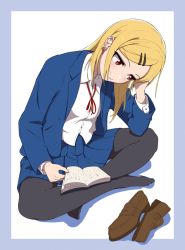 Rule 34 | 1girl, black pantyhose, blonde hair, blue jacket, blue skirt, blush, book, brown footwear, closed mouth, collared shirt, commentary request, ear piercing, earrings, hair ornament, hairclip, head tilt, hi iro, holding, holding book, indian style, jacket, jewelry, long sleeves, neck ribbon, open book, open clothes, open jacket, original, pantyhose, piercing, pleated skirt, reading, red eyes, red ribbon, ribbon, school uniform, shirt, shoes, unworn shoes, sitting, skirt, solo, white shirt, wing collar