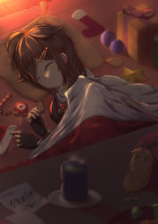 Rule 34 | 1girl, absurdres, ahoge, backlighting, bauble, black gloves, box, braid, brown hair, candy, candy cane, christmas ornaments, closed eyes, closed mouth, cup, dream41, drink, fingerless gloves, food, gift, gift box, gloves, hair ornament, hair ribbon, hairpin, highres, indoors, jewelry, kantai collection, kotatsu, light, lollipop, long hair, lying, note, on floor, on side, pillow, red ribbon, remodel (kantai collection), ribbon, ring, shigure (kancolle), single braid, sleeping, socks, solo, steam, table, the yuudachi-like creature, translated, under kotatsu, under table, upper body, wedding band