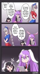 Rule 34 | 3girls, 3koma, animal ears, black hair, black jacket, blue dress, blue eyes, blue headwear, bmkro, braid, chibi, chibi inset, closed mouth, comic, commentary, constricted pupils, dress, english commentary, english text, gradient background, grey hair, hat, highres, inaba tewi, jacket, laughing, long braid, long hair, long sleeves, multicolored clothes, multicolored dress, multiple girls, necktie, notepad, nurse cap, open mouth, pacing, pink shirt, pink skirt, purple hair, rabbit ears, red dress, red eyes, red necktie, reisen udongein inaba, shirt, short hair, short sleeves, single braid, skirt, thinking, touhou, touhou lostword, twitter username, upper body, watermark, white shirt, writing, yagokoro eirin