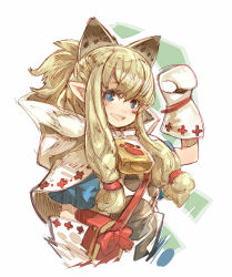 Rule 34 | 1girl, :d, animal ears, bag, bell, blonde hair, blue eyes, blush, capelet, cat ears, cowbell, extra ears, haku (sabosoda), half updo, handbag, hood, hood down, long hair, md5 mismatch, meowstress, mittens, monster hunter, monster hunter (series), monster hunter x, nekojo, open mouth, paw print, pointy ears, simple background, smile, solo, upper body, white background