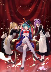 Rule 34 | 3girls, adjusting hair, akita neru, apron, aqua eyes, aqua hair, blonde hair, blue eyes, blush, bow, chair, crossed legs, dress, frills, hair ornament, hat, hatsune miku, highres, ichiko oharu, long hair, maid, maid apron, maid headdress, mary janes, megurine luka, multiple girls, open mouth, own hands clasped, own hands together, petals, purple hair, shoes, side ponytail, sitting, thighhighs, throne, top hat, twintails, vocaloid, white thighhighs