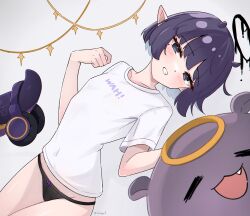 Rule 34 | 1girl, black panties, blunt bangs, blush, bob cut, bow, bow panties, breasts, commentary, covered navel, dutch angle, english commentary, grey background, grey eyes, grin, halo, headphones, headphones removed, highres, hololive, hololive english, looking at viewer, magui3, melting halo, mole, mole under eye, ninomae ina&#039;nis, ninomae ina&#039;nis (loungewear), no pants, official alternate hairstyle, panties, pointy ears, purple hair, shirt, short hair, short sleeves, simple background, small breasts, smile, t-shirt, takodachi (ninomae ina&#039;nis), teeth, tentacles, twitter username, underwear, virtual youtuber, white shirt