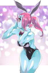 Rule 34 | 1girl, absurdres, animal ears, bare arms, bare shoulders, black leotard, blue skin, blurry, blurry background, blush, bow, bowtie, breasts, cleavage, colored skin, cowboy shot, detached collar, eyeshadow, fins, hair over one eye, hand in own hair, head fins, highres, leotard, looking at viewer, makeup, medium breasts, monster girl, playboy bunny, ponytail, rabbit ears, red eyeshadow, red hair, shoji sakura, solo, strapless, strapless leotard, undertale, undyne