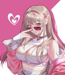 Rule 34 | 1girl, absurdres, adjusting eyewear, black choker, breasts, chain, choker, cleavage, cleavage cutout, closed mouth, clothing cutout, commentary, crop top, drop shadow, eyelashes, fishnets, goddess of victory: nikke, hair intakes, heart, heart-shaped pupils, heart choker, heart o-ring, highres, horns, jacket, large breasts, light brown hair, lips, long hair, looking at viewer, looking over eyewear, midriff, mole, mole on breast, mole under eye, nail polish, off shoulder, open clothes, open jacket, partially unzipped, pink background, pink jacket, pink nails, pleated skirt, purple eyes, red-tinted eyewear, sen49484779, shirt, simple background, skirt, sleeveless, sleeveless shirt, smile, solo, sunglasses, suspenders, symbol-shaped pupils, tinted eyewear, upper body, viper (nikke), white background, white shirt, white skirt, zipper, zipper pull tab