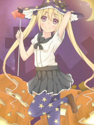 Rule 34 | 10s, 1girl, blonde hair, crescent moon, halloween costume, hat, highres, jack-o&#039;-lantern, kantai collection, long hair, looking at viewer, majokko (kancolle), moon, night, night sky, pantyhose, personification, pleated skirt, purple hair, ryon (kiririn623), skirt, sky, solo, twintails, very long hair, witch hat