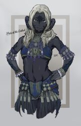Rule 34 | 1girl, absurdres, armlet, au ra, bad id, bad pixiv id, bare shoulders, black horns, black skin, bracelet, character name, closed mouth, colored skin, cowboy shot, crop top, cropped legs, dragon girl, dragon horns, final fantasy, final fantasy xiv, green eyes, grey eyes, grey hair, hands on own hips, highres, horn ornament, horn ring, horns, huge filesize, jewelry, long hair, midriff, multicolored eyes, navel, ringed eyes, sadu dotharl, scales, shorts, smile, smug, solo, stomach, tumubar117