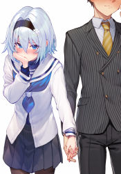 Rule 34 | 1boy, 1girl, artist name, black pantyhose, blazer, blue eyes, blue hair, blue neckwear, blue skirt, blush, brown hair, closed mouth, collared shirt, cover, cover image, cover page, formal, hair ornament, hairband, hand on own face, holding hands, jacket, kuzuryuu yaichi, long sleeves, multicolored hair, neckerchief, necktie, novel cover, novel illustration, official art, pantyhose, pinstripe pattern, pinstripe suit, ryuuou no oshigoto!, shirabi, shirt, short hair, simple background, skirt, snowflake hair ornament, sora ginko, striped clothes, striped jacket, striped necktie, suit, textless version, two-tone hair, white background, white hair, yellow neckwear