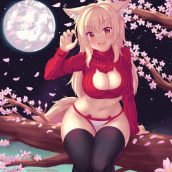 Rule 34 | 1girl, animal ear fluff, animal ears, animal print, blonde hair, blush, breasts, cat cutout, cat ears, cat panties, cat print, cat tail, cherry blossoms, claw pose, cleavage cutout, clothing cutout, commentary, cropped sweater, english commentary, fang, full moon, highres, large breasts, long hair, looking at viewer, midriff, moon, night, nottytiffy, open mouth, original, panties, patreon username, petals, print panties, red eyes, red sweater, ribbed sweater, sitting, slit pupils, solo, sweater, tail, thighhighs, tiffy (nottytiffy), tree, underwear, watermark, web address