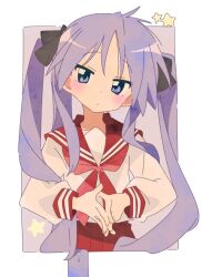 Rule 34 | 1girl, :/, black bow, blue eyes, blush, border, bow, closed mouth, collarbone, cowboy shot, dot nose, hair bow, hiiragi kagami, ixy, light purple hair, long hair, long sleeves, looking at viewer, lucky star, neckerchief, outside border, own hands together, parted bangs, pleated skirt, purple background, red neckerchief, red sailor collar, red skirt, sailor collar, shirt, sidelocks, simple background, skirt, solo, standing, star (symbol), straight hair, tsurime, twintails, very long hair, white border, white shirt