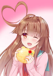 Rule 34 | 1girl, ahoge, blue sailor collar, blush, bright pupils, brown hair, fang, gradient background, heart, heart ahoge, highres, holding, huge ahoge, jewelry, kantai collection, ko yu, kuma (kancolle), long hair, long sleeves, looking at viewer, neckerchief, orange eyes, pink background, pink sweater, red neckerchief, ring, sailor collar, school uniform, serafuku, sleeves past wrists, solo, straight hair, sweater, tareme, upper body, wedding band