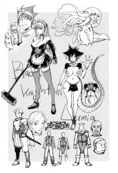 Rule 34 | 2girls, 6+boys, absurdres, breasts, character name, character sheet, creature, fang, glasses, grin, happy, highres, holding, holding sword, holding weapon, knight, kon-kit, large breasts, long hair, looking at viewer, maid, maid headdress, monochrome, monster girl, multiple boys, multiple girls, original, pointy ears, short hair, skirt, smile, standing, sword, tail, tentacles, weapon