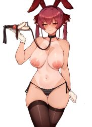 Rule 34 | 1girl, animal ears, ball gag, bare hips, black panties, black thighhighs, breasts, collar, collarbone, fuzzy handcuffs, gag, gloves, heterochromia, highres, hololive, houshou marine, large areolae, large breasts, navel, nipples, panties, rabbit ears, red hair, solo, tan, tanline, thighhighs, topless, underwear, underwear only, varniskarnis, virtual youtuber, white gloves, wiffle gag