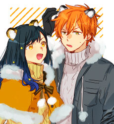 Rule 34 | 1boy, 1girl, animal ears, arm up, black gloves, black hair, blonde hair, blue hair, buttons, commentary request, cute tiger style (project sekai), earrings, gloves, gradient hair, green eyes, hair between eyes, hair ornament, highres, hinata (ryohinata), jewelry, long hair, looking at another, multicolored hair, open mouth, orange eyes, orange hair, orange sweater, osha tiger style (project sekai), partial commentary, pom pom (clothes), project sekai, shinonome akito, shiraishi an, short hair, star (symbol), star hair ornament, streaked hair, stud earrings, sweater, tiger ears, turtleneck, turtleneck sweater, two-tone hair, upper body