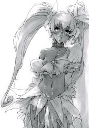 Rule 34 | 10s, 1girl, bdsm, branch (blackrabbits), breasts, brooch, collar, cum, cure sunshine, facial, greyscale, hair ribbon, heart, heart brooch, heartcatch precure!, highres, jewelry, long hair, magical girl, midriff, monochrome, myoudouin itsuki, navel, nipples, precure, ribbon, skirt, slave, small breasts, solo, tears, twintails