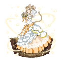 Rule 34 | 1girl, :d, animal ears, bouquet, breasts, bridal veil, brown hair, cat ears, cat tail, choker, collarbone, detached sleeves, diadem, dress, flower, full body, hair between eyes, holding, holding bouquet, long hair, looking at viewer, open mouth, red eyes, silica, silica (sao-alo), sleeveless, sleeveless dress, small breasts, smile, solo, standing, sword art online, tail, transparent background, twintails, veil, wedding dress, white dress, white flower