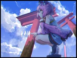 Rule 34 | 1girl, animal ear fluff, animal ears, bare shoulders, black border, black footwear, black shorts, blue shirt, blue sky, border, cat ears, cat girl, cat tail, chromatic aberration, cloud, cloudy sky, commentary request, day, from side, highres, jacket, kuro kosyou, long sleeves, looking away, off shoulder, open clothes, open jacket, original, outdoors, pink hair, profile, shikigami, shirt, shoe soles, shoes, short shorts, shorts, sky, sleeves past wrists, solo, tail, tiptoes, torii