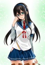 Rule 34 | 1girl, adjusting eyewear, blue hairband, blue ribbon, blue skirt, boots, brown hair, commentary request, cowboy shot, feathers, flower, glasses, green background, green eyes, hairband, highres, kantai collection, long hair, long sleeves, mitarashi kousei, necktie, ooyodo (kancolle), parted lips, pleated skirt, puffy short sleeves, puffy sleeves, red necktie, red ribbon, ribbon, short sleeves, skirt, solo, tassel, thigh boots, thighhighs, zettai ryouiki