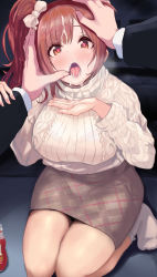 Rule 34 | 1boy, 1girl, asymmetrical bangs, blush, bow, breasts, brown eyes, brown hair, cable knit, hair bow, hands on another&#039;s face, heart, heart-shaped pupils, heavy breathing, highres, idolmaster, idolmaster cinderella girls, idolmaster cinderella girls starlight stage, igarashi kyoko, large breasts, looking at viewer, open mouth, ponytail, pulque, ribbed sweater, seiza, sitting, skirt, suggestive fluid, sweater, symbol-shaped pupils, toho (kihon ha yappa)