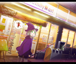 Rule 34 | 1girl, ?, ao (aohari), ao (artist), bad id, bad pixiv id, bike shorts, convenience store, english text, engrish text, familymart, familymart, green eyes, grey hair, halloween, hat, letterboxed, looking up, night, ranguage, shop, solo, witch, witch hat