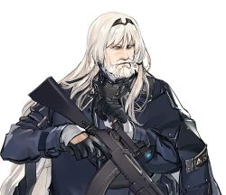 Rule 34 | 1boy, an-94, an-94 (girls&#039; frontline), arm strap, assault rifle, beard, black gloves, black hairband, black jacket, black ribbon, blonde hair, blue eyes, closed mouth, commentary, facial hair, flipped hair, gas mask, girls&#039; frontline, gloves, gun, hairband, holding, holding weapon, jacket, jacket on shoulders, kws, long hair, long sleeves, looking to the side, low tied hair, male focus, manly, mask, mask around neck, unworn mask, mustache, open clothes, ribbon, rifle, sidelocks, simple background, solo, tactical clothes, trigger discipline, upper body, v-shaped eyebrows, weapon, white background