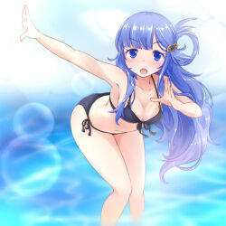 Rule 34 | 1girl, arm up, asari nanami, bare shoulders, bikini, black bikini, blue eyes, blue hair, blue sky, blurry, blurry background, blush, breasts, cleavage, cloud, collarbone, dot nose, fish hair ornament, front-tie bikini top, front-tie top, hair ornament, hair over shoulder, hair rings, hand up, hicha wynn, idolmaster, idolmaster cinderella girls, idolmaster cinderella girls starlight stage, leaning forward, lens flare, lens flare abuse, long hair, looking at viewer, open hands, open mouth, outstretched arm, side-tie bikini bottom, sky, small breasts, smile, solo, standing, swimsuit, teeth, upper teeth only, v-shaped eyebrows, very long hair, wading, water