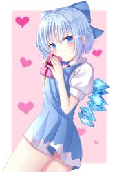 Rule 34 | 1girl, bad id, bad pixiv id, blue dress, blue eyes, blue hair, blush, bow, box, cirno, commentary request, cowboy shot, dress, gift, gift box, hair between eyes, hair bow, head tilt, heart, holding, holding box, looking at viewer, nibosi, partial commentary, pinafore dress, pink background, puffy short sleeves, puffy sleeves, shirt, short dress, short hair, short sleeves, simple background, sleeveless dress, solo, standing, tareme, touhou, valentine, white shirt, wings