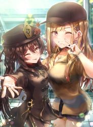 Rule 34 | 2girls, :p, ;d, ;p, absurdres, bead bracelet, beads, blonde hair, bracelet, breasts, brown hair, chinese clothes, choker, cleavage, cowboy shot, crossover, ear piercing, earrings, flat cap, flower, genshin impact, hai 0013, hat, hat flower, highres, hoop earrings, hu tao (genshin impact), jewelry, kitagawa marin, large breasts, long hair, looking at viewer, multiple girls, necklace, one eye closed, open mouth, outstretched arm, piercing, red eyes, ring, shorts, small breasts, smile, sono bisque doll wa koi wo suru, tongue, tongue out, top hat, twintails, v