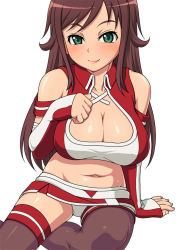 Rule 34 | 1girl, akana rui, arm support, belly, blush, breasts, brown hair, chousoku henkei gyrozetter, cleavage, detached sleeves, green eyes, kasanui, large breasts, long hair, looking at viewer, midriff, navel, panties, pantyshot, plump, race queen, shiny skin, sitting, skindentation, smile, solo, thighhighs, underwear
