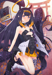 Rule 34 | 1girl, ao-chan (ninomae ina&#039;nis), bare shoulders, black dress, black gloves, blush, book, breasts, closed mouth, dress, fang, fang out, floating, floating book, floating object, fur collar, gloves, hair ornament, halo, highres, hololive, hololive english, kazuma muramasa, legs, linea alba, long hair, looking at viewer, mole, mole under eye, ninomae ina&#039;nis, ninomae ina&#039;nis (1st costume), okobo, orange skirt, purple eyes, purple hair, sandals, single thighhigh, skirt, small breasts, smile, stairs, strapless, strapless dress, tentacle hair, tentacles, thighhighs, torii, virtual youtuber, white thighhighs