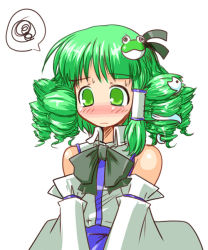 Rule 34 | 1girl, alternate hairstyle, angry, blush, detached sleeves, drill hair, female focus, green eyes, green hair, kanoe soushi, kochiya sanae, simple background, solo, standing, touhou, upper body, white background