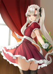 Rule 34 | 1girl, absurdres, alternate costume, apron, ass, backless dress, backless outfit, backlighting, black thighhighs, curtain grab, curtains, dress, enmaided, gloves, grey hair, hair ribbon, highres, hololive, horns, indoors, long hair, looking down, maid, maid apron, maid headdress, multicolored hair, nakiri ayame, oni, open mouth, paid reward available, puffy short sleeves, puffy sleeves, red dress, red eyes, red hair, ribbon, shancha, short dress, short sleeves, skin-covered horns, skindentation, solo, streaked hair, sunlight, thighhighs, thighs, twintails, virtual youtuber, waist apron
