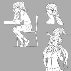 Rule 34 | 10s, 2girls, aged down, ayase eli, blazer, carrying, chair, desk, grey background, greyscale, grin, jacket, lineart, long hair, love live!, love live! school idol project, low twintails, monochrome, multiple girls, pas (paxiti), ponytail, school desk, school uniform, scrunchie, shoulder carry, simple background, sitting, sketch, skirt, smile, time paradox, tojo nozomi, twintails, | |
