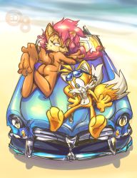 Rule 34 | animal ears, animal hands, archie comics, ass, barefoot, car, edtropolis, feet, furry, looking back, motor vehicle, nude, outdoors, sally acorn, smile, soles, sonic (series), spread toes, sunglasses, tail, tails (sonic), toes, vehicle, zenra