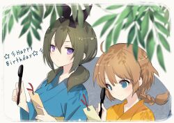 Rule 34 | 2girls, ahoge, artist name, assault lily, bamboo, black bow, blue eyes, blue kimono, blurry, blurry foreground, border, bow, braid, braided ponytail, breasts, brown hair, closed mouth, commentary, futagawa fumi, green hair, grey background, hair between eyes, hair bow, hand up, hands up, happy birthday, highres, holding, holding pen, holding tanzaku, hotaru (ultraroly poly), japanese clothes, kimono, light blush, long hair, long sleeves, looking at another, looking at object, looking down, looking to the side, low ponytail, low twintails, medium breasts, multiple girls, obi, orange kimono, pen, purple eyes, rounded corners, sash, sideways glance, single braid, star (symbol), sweatdrop, tanabata, tanzaku, twintails, two-tone background, upper body, v-shaped eyebrows, white background, white border, wide sleeves, writing, yamanashi hibari, yukata