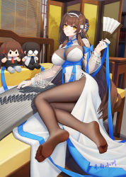 Rule 34 | 1girl, absurdres, artist name, barefoot, bodystocking, breasts, brown hair, brown pantyhose, china dress, chinese clothes, cleavage, closed mouth, couch, dress, feet, full body, girls&#039; frontline, girls&#039; frontline neural cloud, gloves, hair ornament, hairband, hand fan, hebai xiaochuan, highres, holding, holding fan, holding instrument, instrument, large breasts, legs, lips, long hair, looking at viewer, lying, no shoes, on side, pantyhose, smile, soles, solo, table, thighs, toes, toy, type 95 (girls&#039; frontline), white dress, white gloves, white hairband, yellow eyes