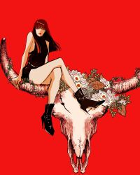 Rule 34 | 1girl, animal skull, animification, bare shoulders, black footwear, black shorts, black tube top, blackpink, blunt bangs, boots, corrupted twitter file, crossed legs, floating skull, flower, high heel boots, high heels, highres, k-pop, leaf, lisa (blackpink), looking at viewer, nisino2222, plant, real life, red background, red lips, shorts, sitting, sleeveless, solo, strapless, teeth, thighs, tube top, vines, white flower