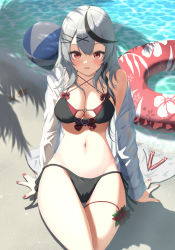 Rule 34 | 1girl, ball, bikini, black hair, bowsan, braid, breasts, cleavage, grey hair, hair ornament, highres, hololive, large breasts, long hair, looking at viewer, multicolored hair, navel, red eyes, sakamata chloe, shore, sitting, smile, solo, streaked hair, swimsuit, thigh gap, virtual youtuber, volleyball, volleyball (object), x hair ornament