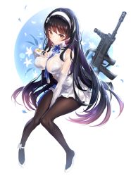 Rule 34 | 1girl, artist name, assault rifle, between legs, black hair, black pantyhose, blush, brown eyes, bullpup, closed mouth, commentary request, elbow gloves, fingerless gloves, full body, girls&#039; frontline, gloves, gun, hairband, hand between legs, highres, knees together feet apart, long hair, looking at viewer, name connection, narae, object namesake, pantyhose, pleated skirt, qbz-95, rifle, shirt, shoes, sidelocks, sitting, skirt, sleeveless, sleeveless shirt, smile, solo, type 95 (girls&#039; frontline), very long hair, weapon, white footwear, white hairband, white shirt, white skirt
