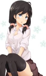 Rule 34 | 1girl, :o, ahoge, black hair, blue eyes, blush, bra, breasts, cleavage, floral background, hair ornament, hair scrunchie, hoojiro (found1093), long hair, looking at viewer, low twintails, open mouth, original, scrunchie, see-through, sitting, skirt, solo, thighhighs, twintails, underwear