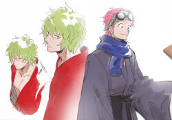 Rule 34 | 2boys, blush, eyewear on head, green hair, japanese clothes, kimono, koby (one piece), looking to the side, male focus, mocchi (mkz), multiple boys, one piece, pink hair, prince grus, smile, wavy hair