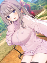 Rule 34 | 1girl, :d, bench, black thighhighs, blunt bangs, blush, bottomless, breasts, brown hair, day, dutch angle, hair ornament, hairclip, jacket, large breasts, long hair, long sleeves, looking at viewer, low twintails, mankai kaika, open mouth, original, outdoors, park bench, pink jacket, playground, purple eyes, selfie, sitting, sleeves past wrists, smile, solo, thighhighs, track jacket, twintails, v